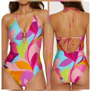 NWT TRINA TURK SWIM Women's Lilleth Halter Plunge One Piece Swimsuit Size 10